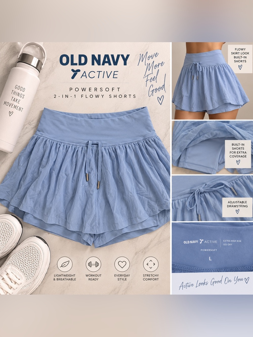 Old Navy Active PowerSoft 2-in-1 Flowy Shorts Blue Size L